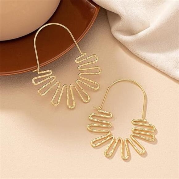 Gold Wave Geometric Hoop Earrings – Bold Fan-Pattern Statement Hoops - Picture 2 of 3